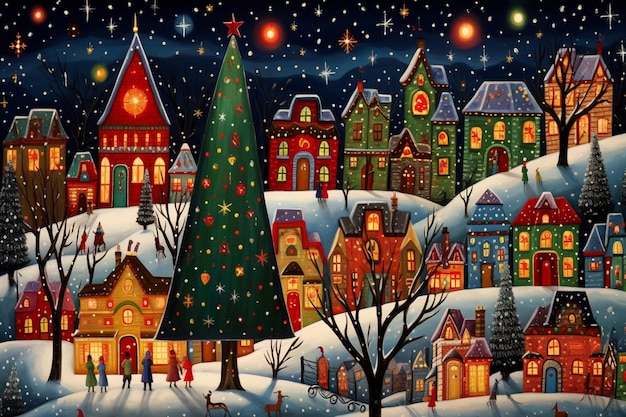 ярко освещенная рождественская деревня с рождественской елкой и людьми, гуляющими по снегу генеративный искусственный интеллект
