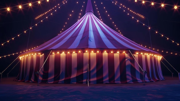 A brightly lit circus tent at night presenting an inviting cirque facade and festive attraction
