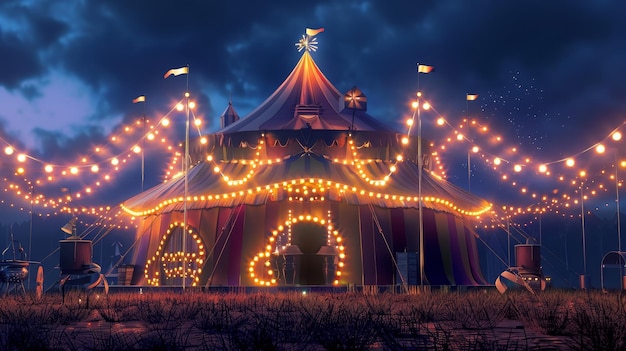 A brightly lit circus tent at night presenting an inviting cirque facade and festive attraction