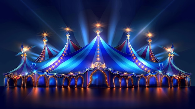 A brightly lit circus tent at night presenting an inviting cirque facade and festive attraction