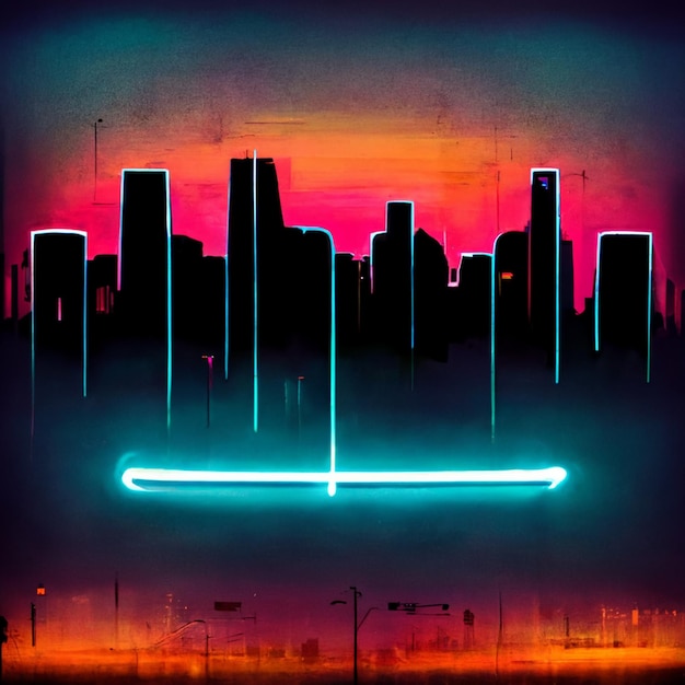 Brightly lit city skyline with neon lights in the foreground generative ai