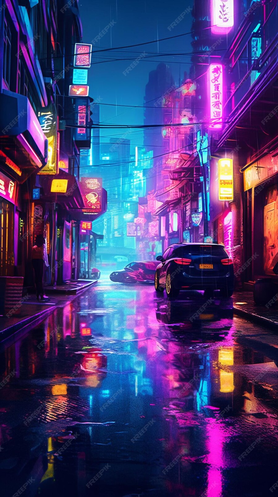 Premium Photo A brightly lit city street at night with neon signs and