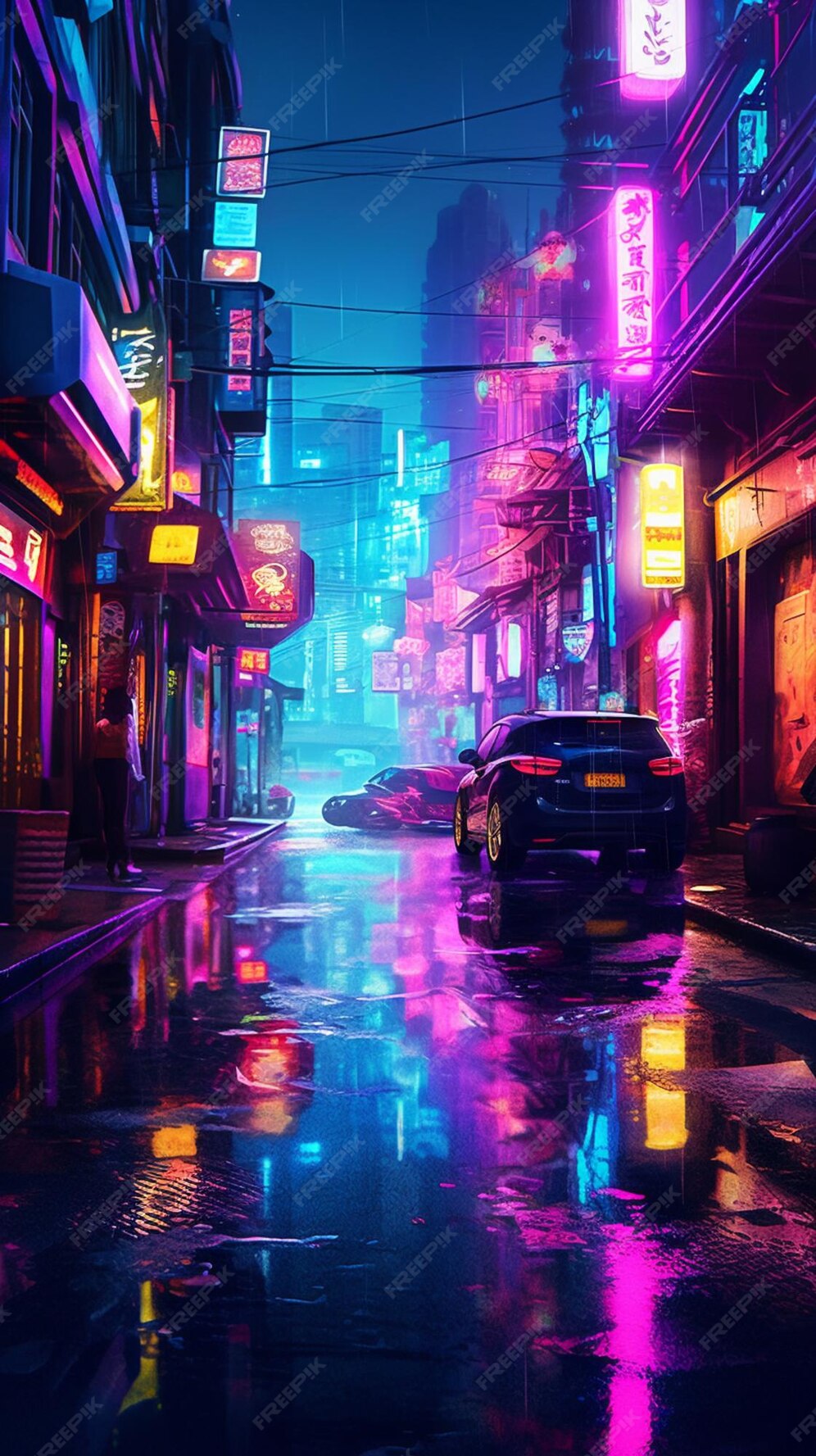 Premium Photo A brightly lit city street at night with neon signs and cars generative ai