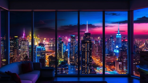 Photo a brightly lit cityscape seen from a window in a living room generative ai