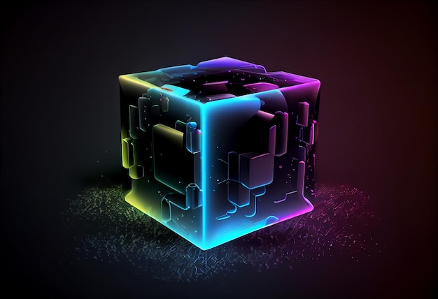 Фото Ярко освещенный куб с светящимися краями на темном фоне