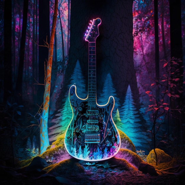 Photo brightly lit electric guitar in a forest with trees and rocks generative ai