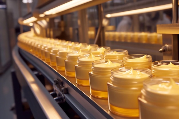 In a brightly lit factory setting numerous jars filled with a vibrant yellow cosmetic cream are neatly aligned on a modern automated production line ready for packaging