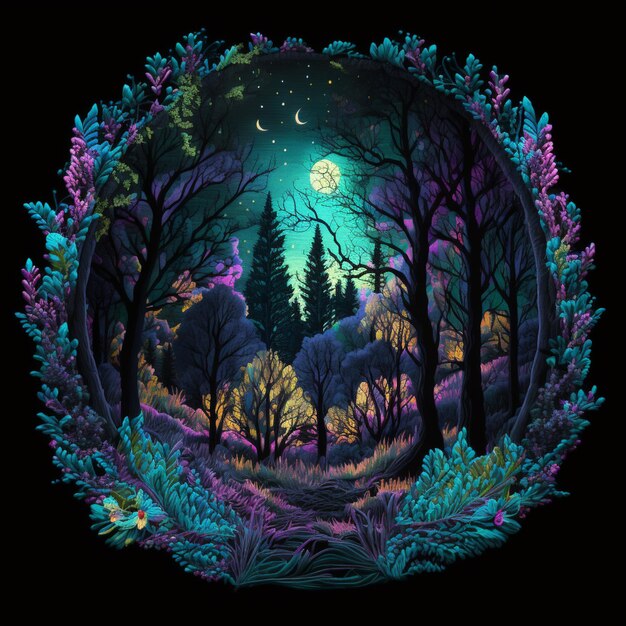 A brightly lit forest scene with a full moon in the sky generative ai