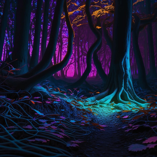 A brightly lit forest with a path through the trees generative ai