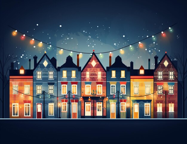 明るく照らされた家が一列に並んでおり ⁇ 暗い夜にストリングライトが点灯しています ⁇ 