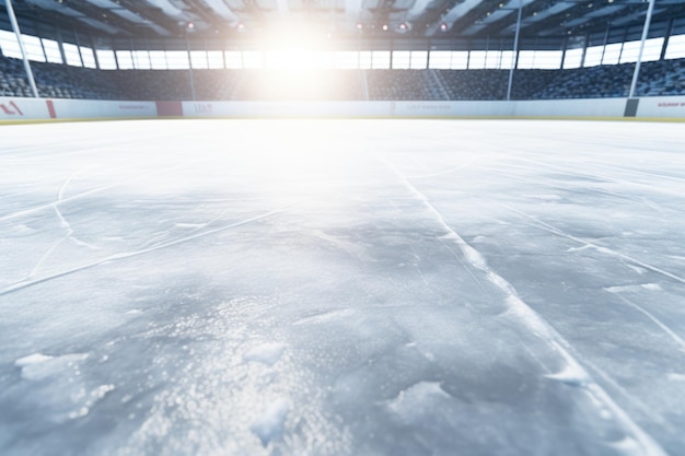 Photo a brightly lit ice hockey rink with sunlight streaming through the windows perfect for sports enthusiasts and winterthemed designs