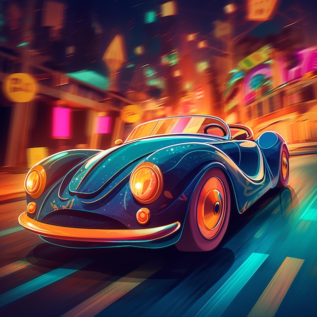 Brightly lit illustration of a blue sports car driving down a city street generative ai