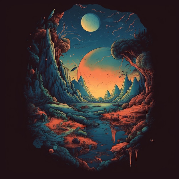 A brightly lit illustration of a landscape with a river and a moon generative ai