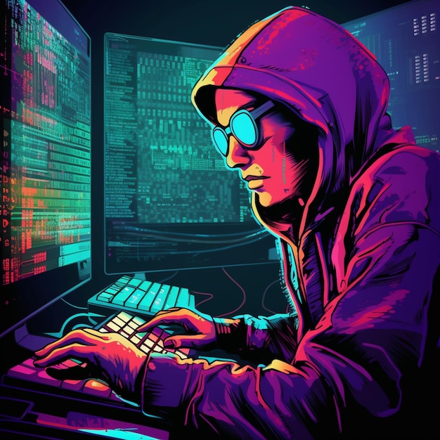 A brightly lit illustration of a man in a hoodie typing on a computer generative ai