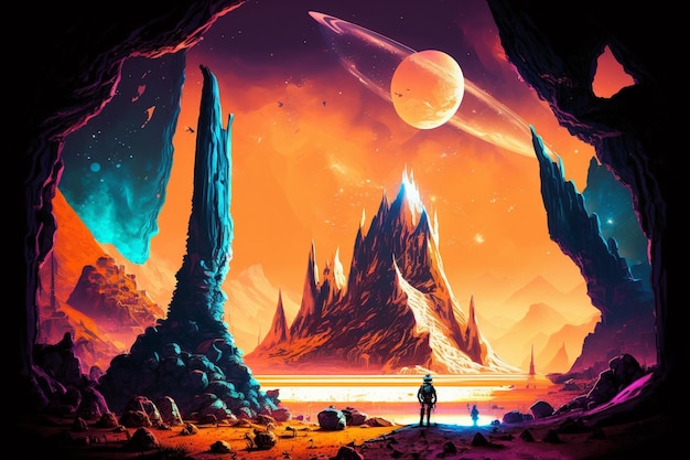 a brightly lit illustration of a man standing in a cave looking at a distant landscape generative ai