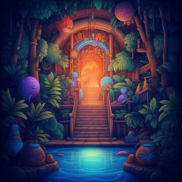 a brightly lit illustration of a tropical entrance with a pond generative ai