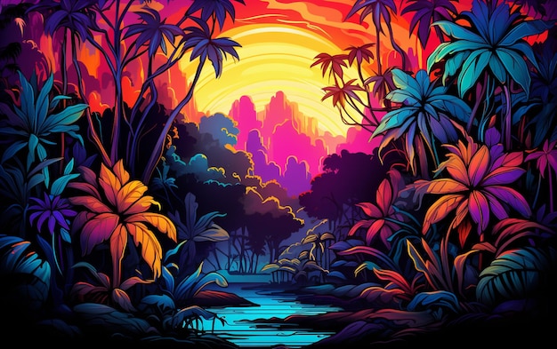 a brightly lit jungle scene with a river and palm trees generative ai