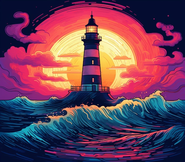 Photo a brightly lit lighthouse in the middle of a wave in the ocean generative ai