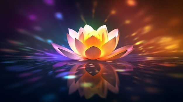 Brightly lit lotus flower with reflection on water surface with colorful lights generative ai