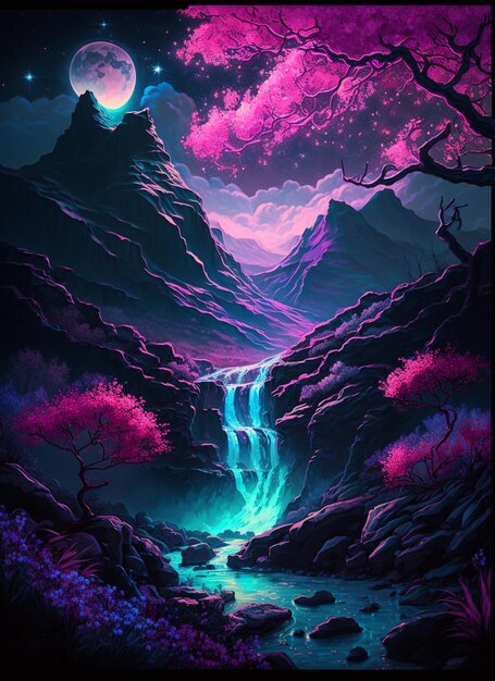 a brightly lit painting of a waterfall in a mountainous valley generative ai