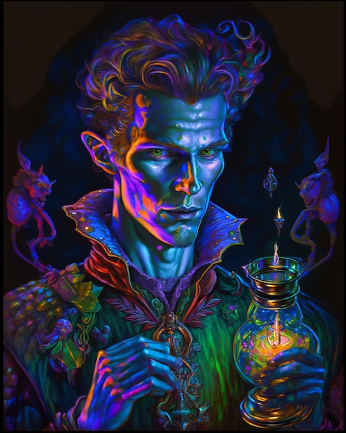 a brightly lit portrait of a male vampire holding a candle generative ai