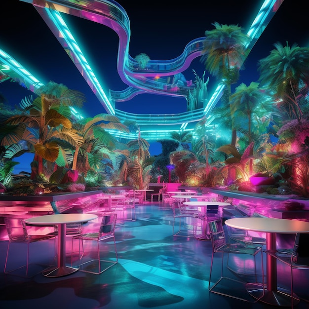 a brightly lit restaurant with tables and chairs and a water slide generative ai