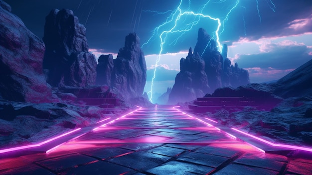 A brightly lit road leads to a mountain range with lightning generative ai