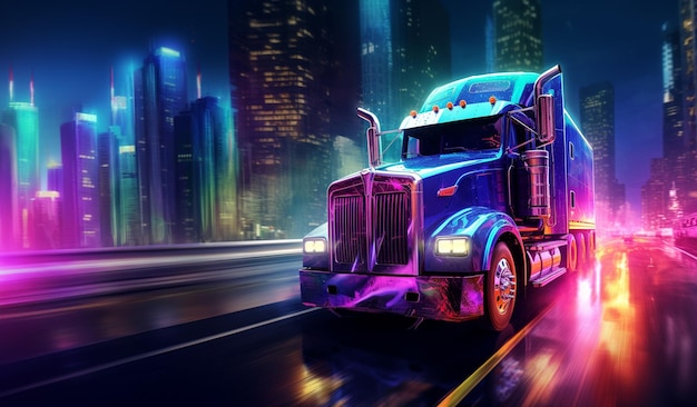 brightly lit semi truck driving through city at night generative ai