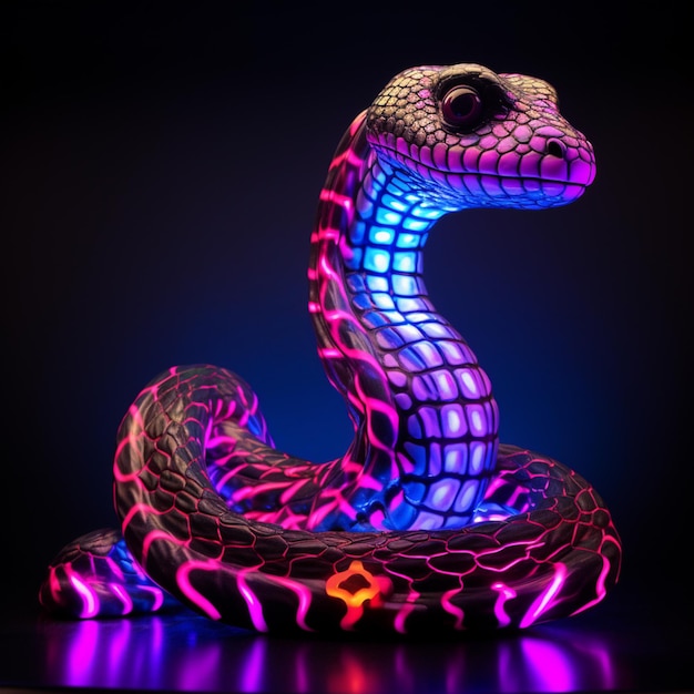 Foto scultura di serpente illuminata su superficie nera con sfondo blu generativo ai