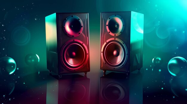 Brightly lit sound speakers contrast against dark backdrop setting the stage for