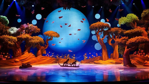 Foto palco illuminato con un set di palcoscenico con una barca e alberi generativo ai