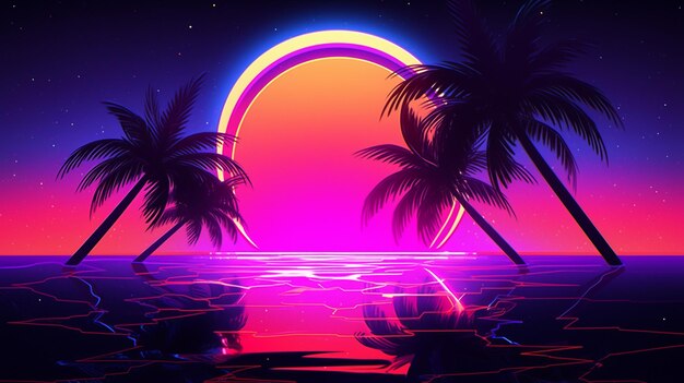 Photo a brightly lit sunset with palm trees and a rainbow colored sun generative ai