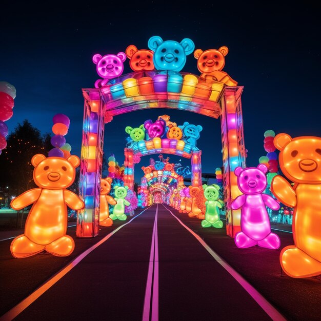 brightly lit teddy bears are on display at a festival generative ai