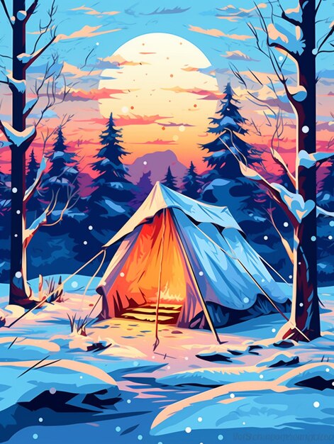 a brightly lit tent in a snowy forest at sunset generative ai