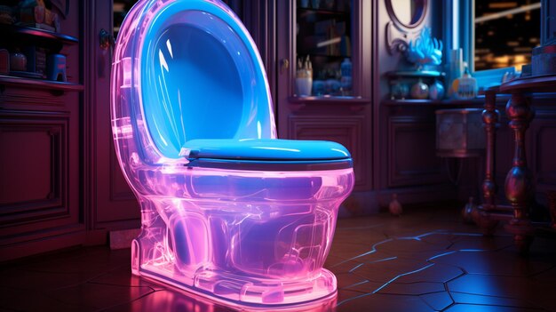 Brightly lit toilet in a dark room with a blue seat generative ai