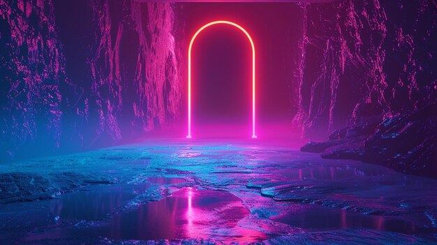 a brightly lit tunnel in a frozen lake with a neon arch generative ai