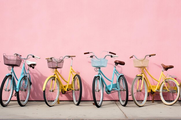 Photo brightly painted bicycles parked against a wall