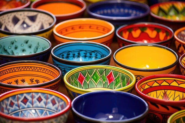 Brightly painted ceramic bowls in an array