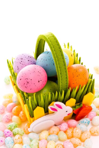 Brightly painted Easter eggs in fensy basket.