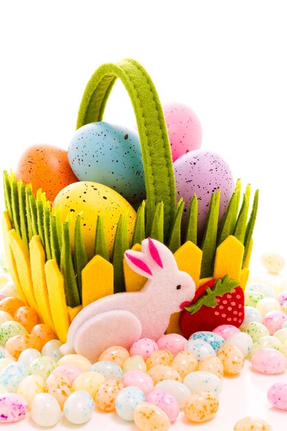 Brightly painted Easter eggs in fensy basket.