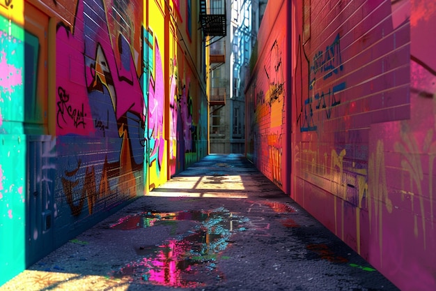 Brightly painted murals decorating urban alleyways