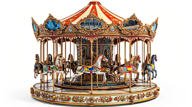 Brightly painted wooden carousel spinning in a carnival