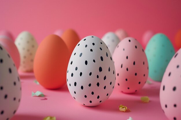 Brightly speckled egg among pastel Easter eggs on a vibrant pink background with scattered petals and copy space
