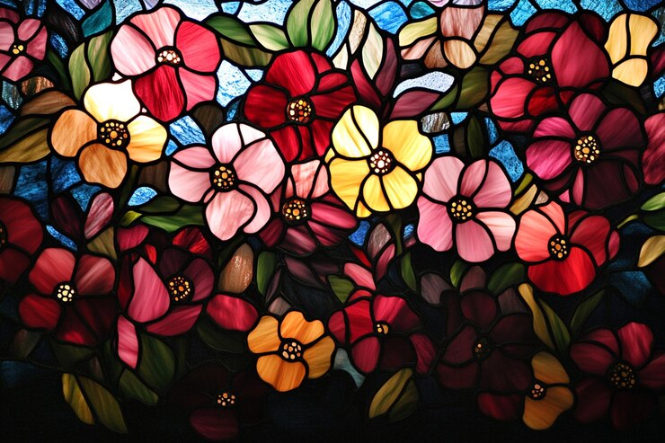 Photo brightly stained glass flowers are arranged in a pattern