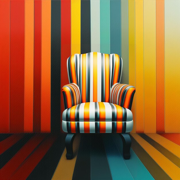 Photo brightly striped chair in front of a colorful striped wall generative ai