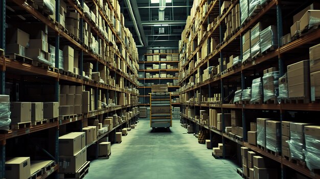 倉庫の明るさ 箱のパレットと高い棚が背景を形成し 視覚的に印象的で組織的な貯蔵環境を作り出します