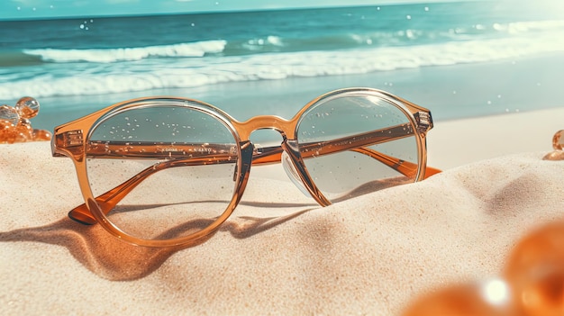 Bril in het zand van het strand Vakantiescène met zonnebril op de kustlijn Generatieve AI