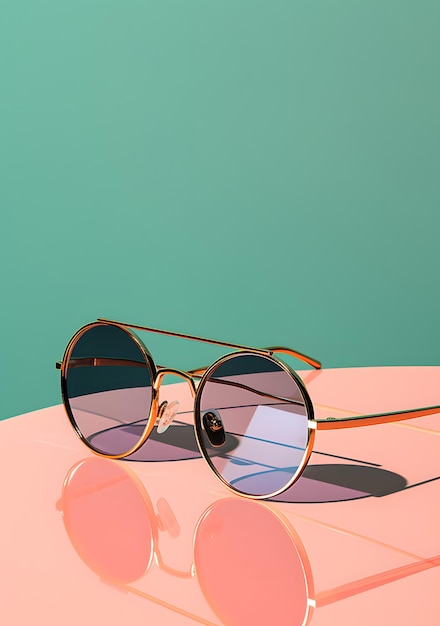 bril zitten op een roze koperen groene en blauwe achtergrond in de stijl van asymmetrische framing licht