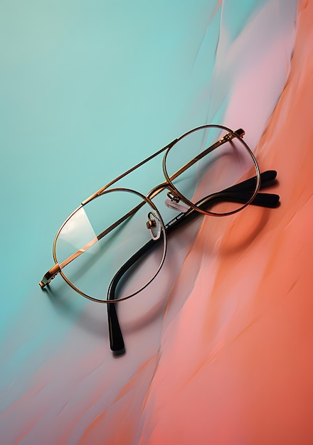 bril zitten op een roze koperen groene en blauwe achtergrond in de stijl van asymmetrische framing licht
