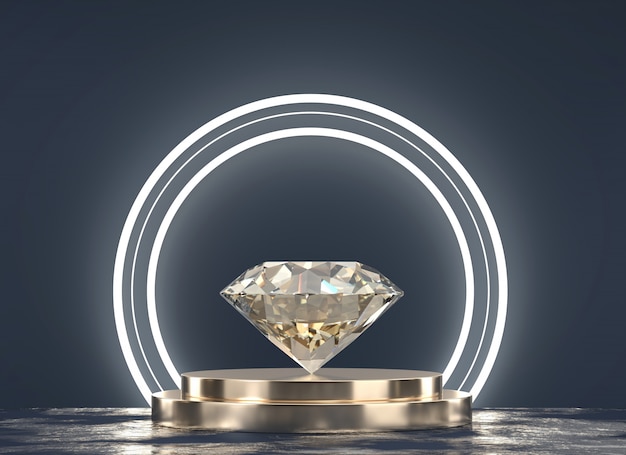 Briljante diamant geplaatst op gouden standaard met lichte en zwarte achtergrond, 3D-rendering.